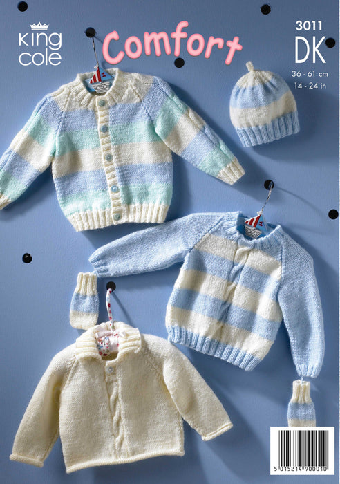 King Cole 3011 Double Knitting Pattern - DK Baby Cardigan, Sweaters, Hat & Mittens (Newborn - 3 years)