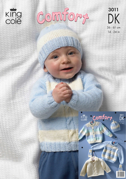 King Cole 3011 Double Knitting Pattern - DK Baby Cardigan, Sweaters, Hat & Mittens (Newborn - 3 years)
