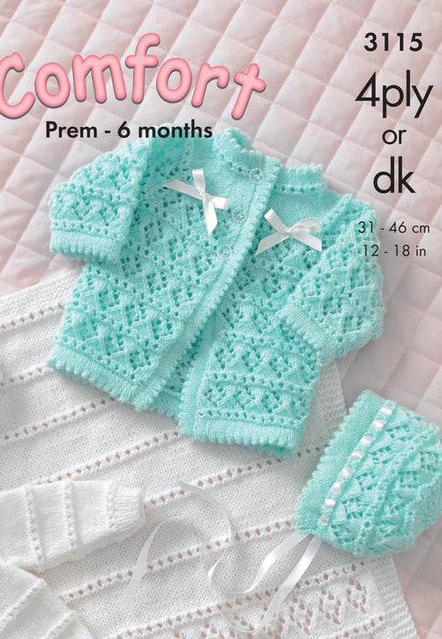 King Cole 3115 Double Knitting or 4Ply Pattern - Baby Coat, Cardigan, Bonnet, Hat and Pram Cover (Prem to 6 months)
