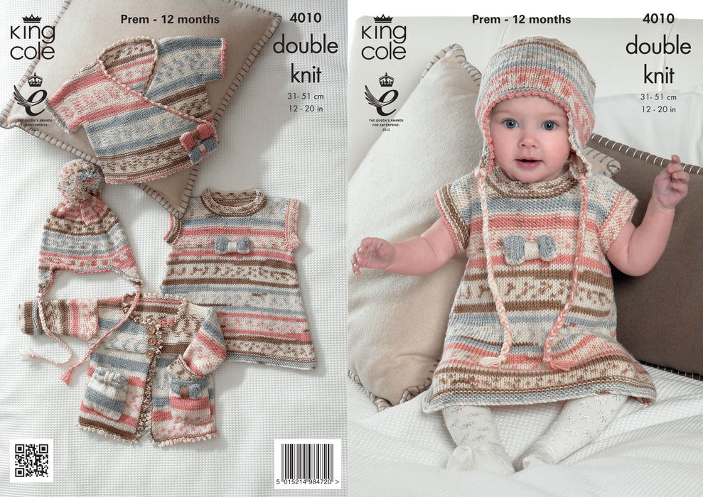 King Cole 4010 Double Knitting Pattern - Baby Tunic, Cardigan, Cross Over Cardigan & Hat DK