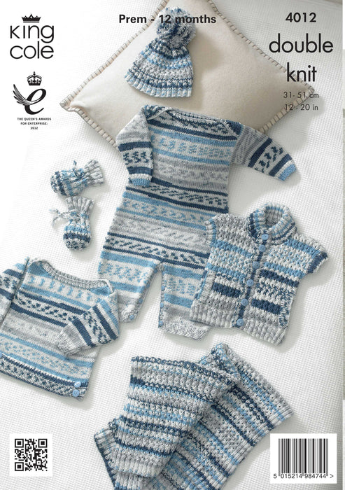 King Cole 4012 Double Knitting Pattern - Baby DK Set (Premature to 12 months)