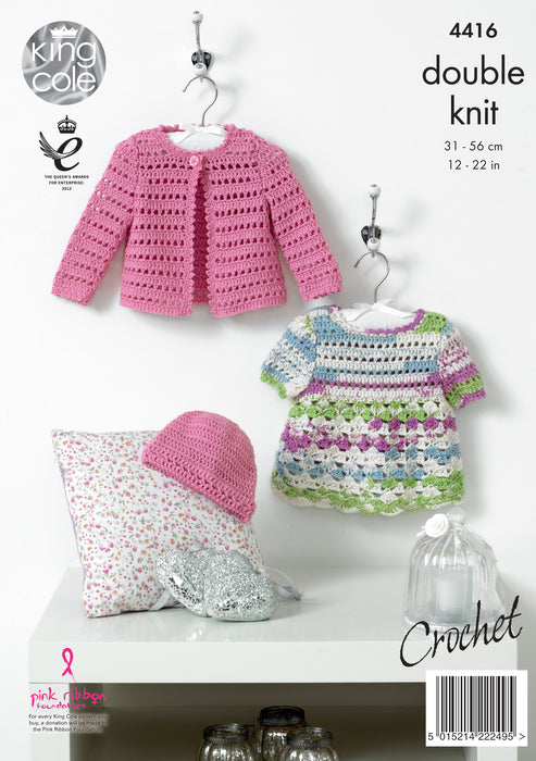 King Cole 4416 CROCHET Pattern - Baby Dress, Cardigan & Hat DK (12-22 in)