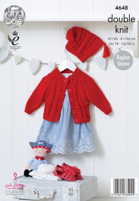 King Cole 4648 Double Knitting Pattern - DK Baby Children's Cardigans & Hat (0 to 7 Yrs)