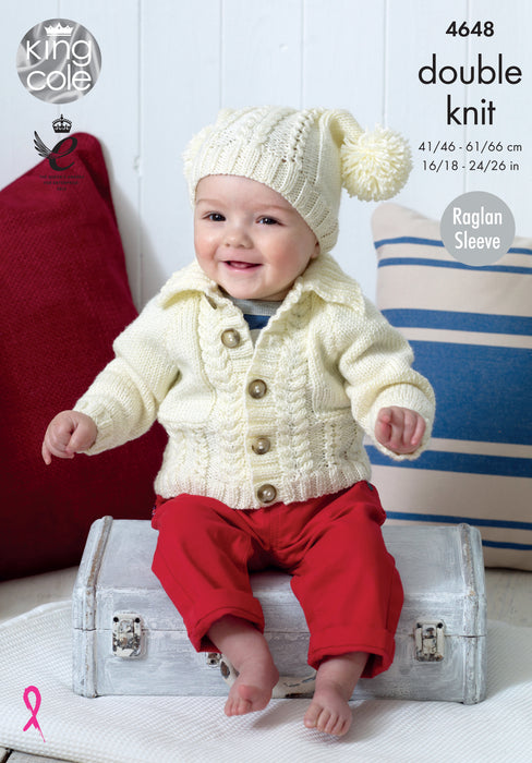 King Cole 4648 Double Knitting Pattern - DK Baby Children's Cardigans & Hat (0 to 7 Yrs)