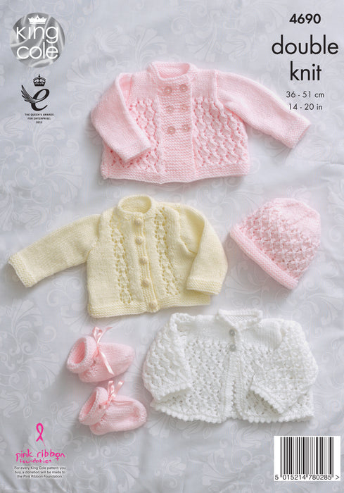 King Cole 4690 Double Knitting Pattern - Baby DK Matinee Coat, Jacket, Cardigan, Bonnet, Hat & Bootees