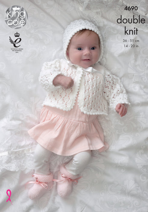 King Cole 4690 Double Knitting Pattern - Baby DK Matinee Coat, Jacket, Cardigan, Bonnet, Hat & Bootees