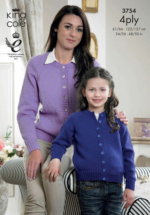 King Cole 3754 4ply Knitting Pattern - Cardigan & Sweater for Children, Men & Ladies