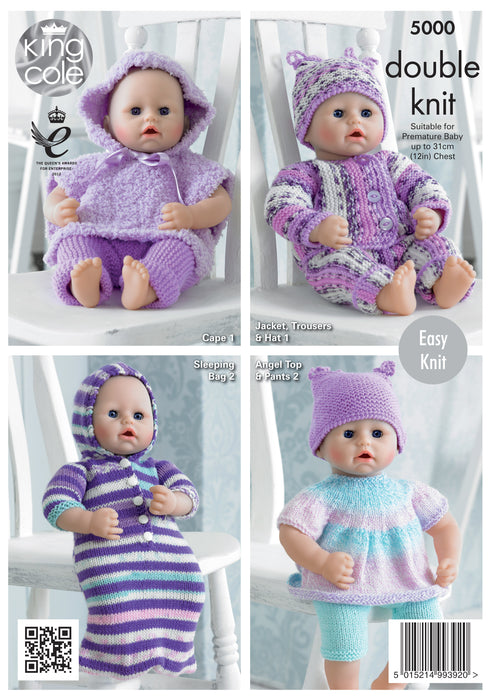 King Cole 5000 Doll Knitting Pattern - Dolls Clothes for Premature Babies up to 12 inch Chest (Discontinued)