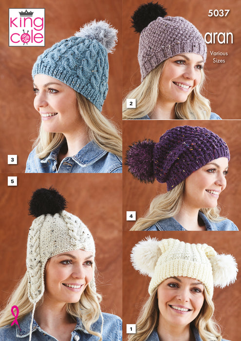 King Cole 5037 Aran Knitting Pattern -  Ladies Hats - 5 Styles