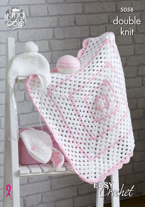 King Cole 5058 CROCHET DK Pattern - Easy Crochet Baby Granny Blanket, Bunny Hat, Ear Flap Pom Pom Hat & Soft Ball Toy
