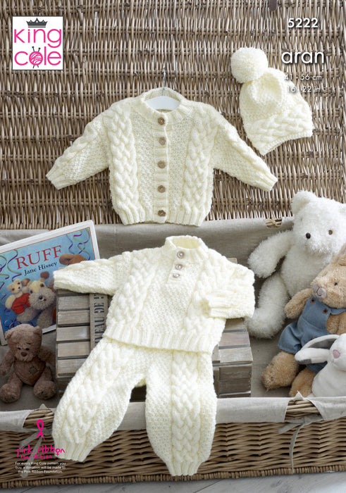 King Cole 5222 Aran Baby Knitting Pattern - Sweater, Cardigan, Trousers & Hat (3 months - 2 years)