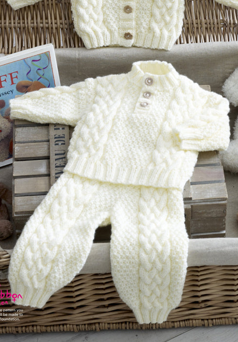 King Cole 5222 Aran Baby Knitting Pattern - Sweater, Cardigan, Trousers & Hat (3 months - 2 years)