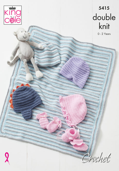 King Cole 5415 CROCHET Pattern - Baby DK Hat, Mitts, Bootees and Blanket (0 to 2 Years)