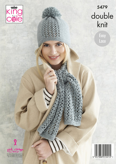 King Cole 5479 Double Knitting Pattern for Ladies - Easy Lace Women's DK Cardigan, Scarf and Hat