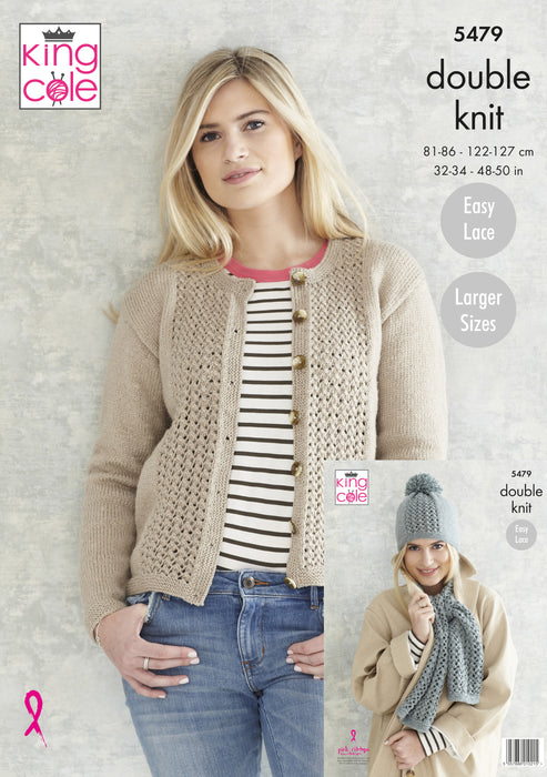King Cole 5479 Double Knitting Pattern for Ladies - Easy Lace Women's DK Cardigan, Scarf and Hat