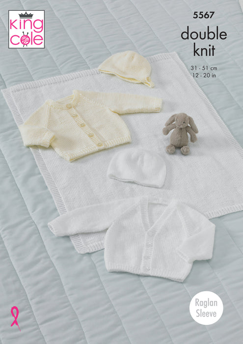 King Cole 5567 Double Knitting Pattern - DK Baby Cardigans, Hat, Bonnet & Blanket (Prem - 2 years)