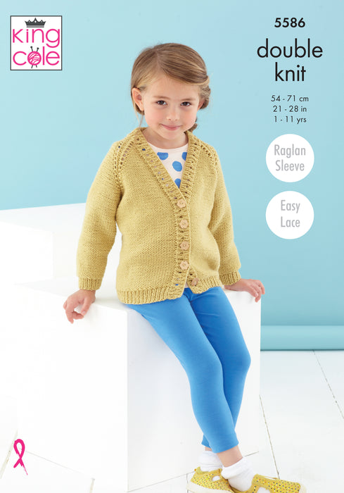 King Cole 5586 Double Knitting Pattern - Easy Lace DK Cardigans & Hat (1 to 11 years)