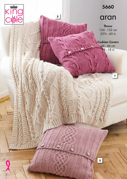 King Cole 5660 Aran Knitting Pattern - Throw & Cushion Covers