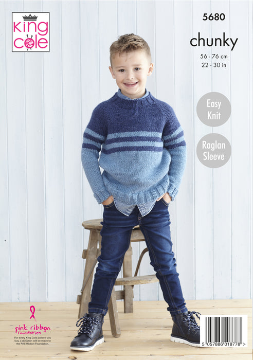 King Cole 5680 Chunky Knitting Pattern - Easy Knit Sweater & Hooded Sweater for Children (2 - 11 years)