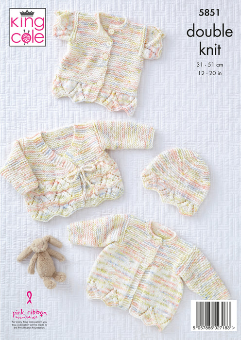 King Cole 5851 Double Knitting Pattern - Baby Matinee Coat, Cardigan, Cross Over Cardigan & Hat DK