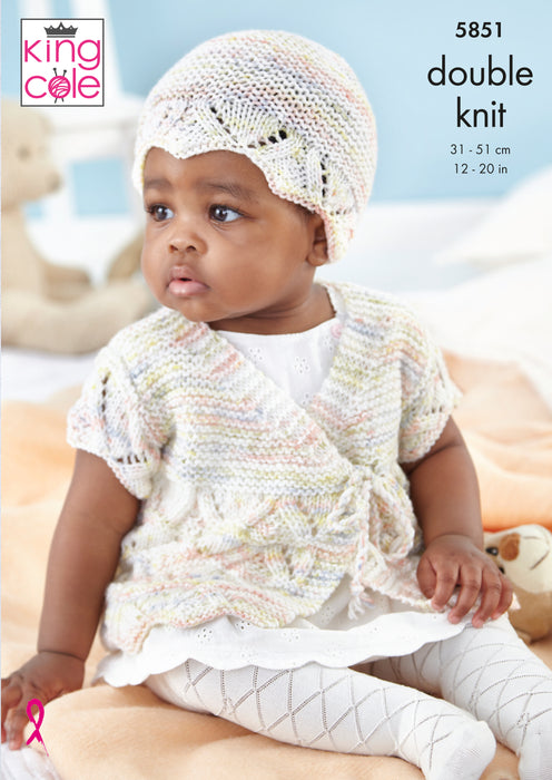 King Cole 5851 Double Knitting Pattern - Baby Matinee Coat, Cardigan, Cross Over Cardigan & Hat DK