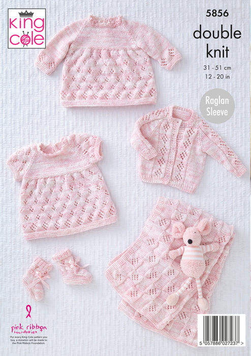 King Cole 5856 Double Knitting Pattern - Baby Dress, Cardigan, Blanket & Bootees DK