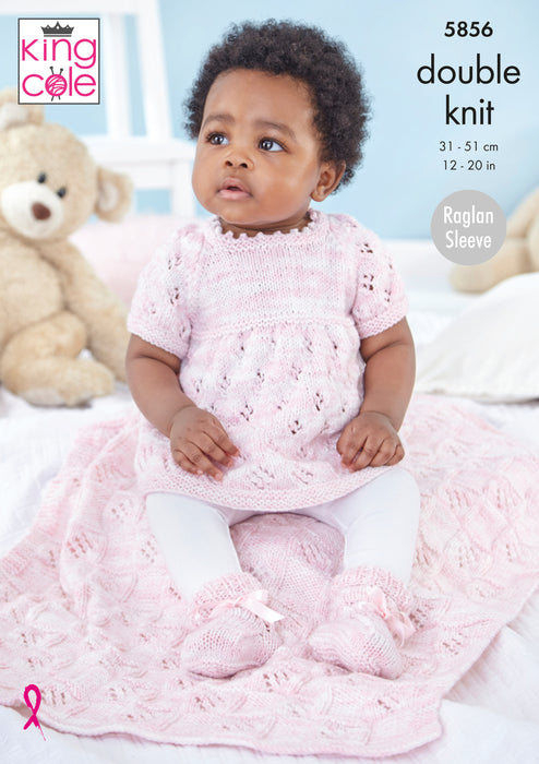 King Cole 5856 Double Knitting Pattern - Baby Dress, Cardigan, Blanket & Bootees DK