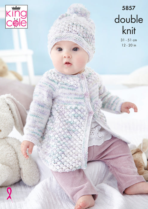 King Cole 5857 Baby Knitting Pattern - Matinee Coat or Angel Top, Jacket and Hat DK