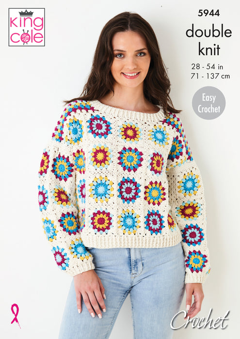 King Cole 5944 Easy CROCHET Pattern - Ladies Granny Square Jumper & Top