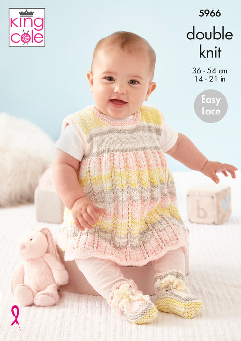 King Cole 5966 Double Knitting Pattern - Easy Lace Baby DK Cardigan, Pinafore Dress, Hat & Bootees (0 to 18 mnths)