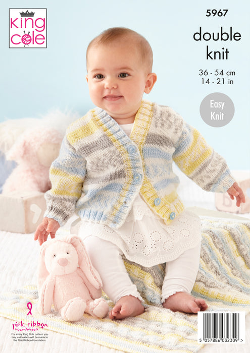 King Cole 5967 Double Knitting Pattern - Baby DK Sweater, Cardigan, Hat & Blanket (0 to 18 mnths)