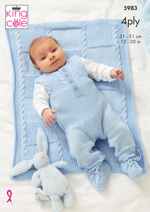 King Cole 5983 Knitting Pattern - Baby Jacket, Dungarees, Bootees & Blanket Knitted 4Ply
