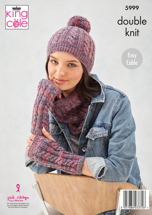 King Cole 5999 Double Knitting Pattern - Easy Cable - DK Scarf, Hats, Wristwarmers & Snood