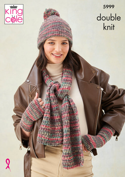 King Cole 5999 Double Knitting Pattern - Easy Cable - DK Scarf, Hats, Wristwarmers & Snood