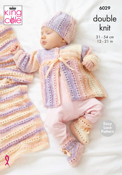 King Cole 6029 Double Knitting Pattern - Easy Lace - DK Baby Cardigan, Matinee Coat, Hat, Booties & Blanket