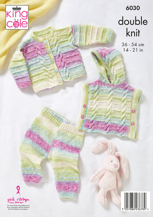 King Cole 6030 Double Knitting Pattern - DK Baby Hoody, Cardigan & Leggings