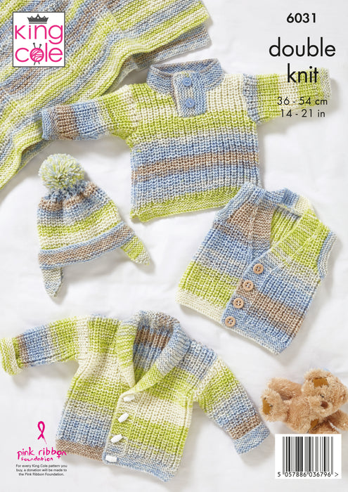 King Cole 6031 Double Knitting Pattern - DK Baby Jacket, Gilet, Sweater, Hat & Blanket