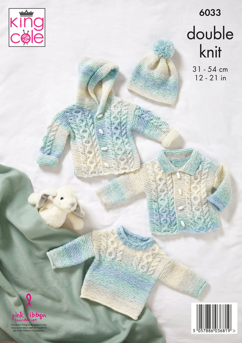 King Cole 6033 Double Knitting Pattern - DK Baby Jacket, Sweater, Cardigan & Hat