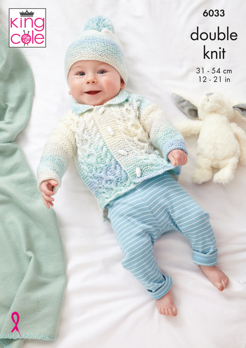 King Cole 6033 Double Knitting Pattern - DK Baby Jacket, Sweater, Cardigan & Hat