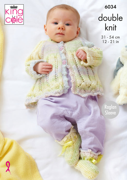 King Cole 6034 Double Knitting Pattern - DK Baby Overtop, Cardigan, Matinee Jacket & Bootees