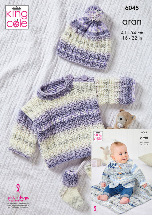 King Cole 6045 Aran Baby Knitting Pattern - Jacket, Top, Hat, Socks and Blanket (3 mnths - 3 Yrs)