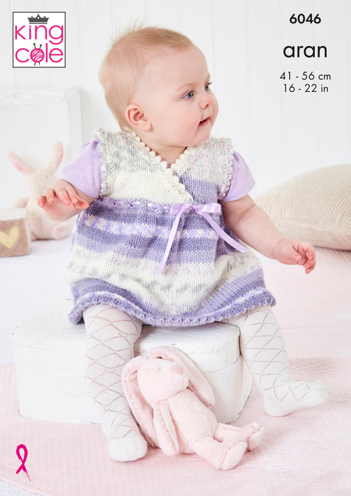 King Cole 6046 Aran Baby Knitting Pattern - Pinafore Dress, Cardigan, Hat and Slipper Socks (3 mnths - 3 Yrs)