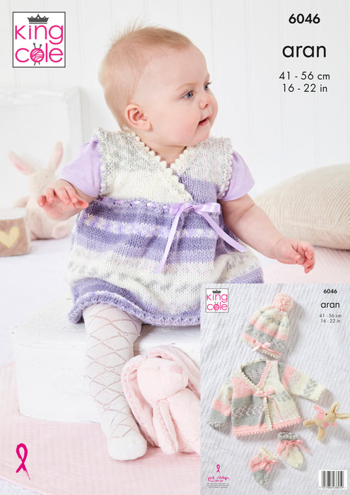 King Cole 6046 Aran Baby Knitting Pattern - Pinafore Dress, Cardigan, Hat and Slipper Socks (3 mnths - 3 Yrs)