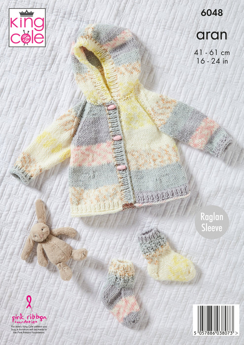 King Cole 6048 Aran Baby Knitting Pattern - Jacket, Coat, Hat, & Socks (3 mnths - 4 Yrs)