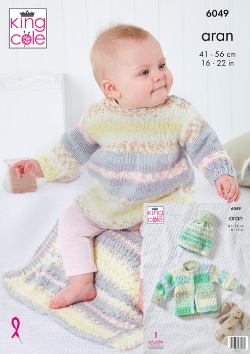 King Cole 6049 Aran Baby Knitting Pattern - Dress, Jacket, Hat, & Blanket (3 mnths - 4 Yrs)