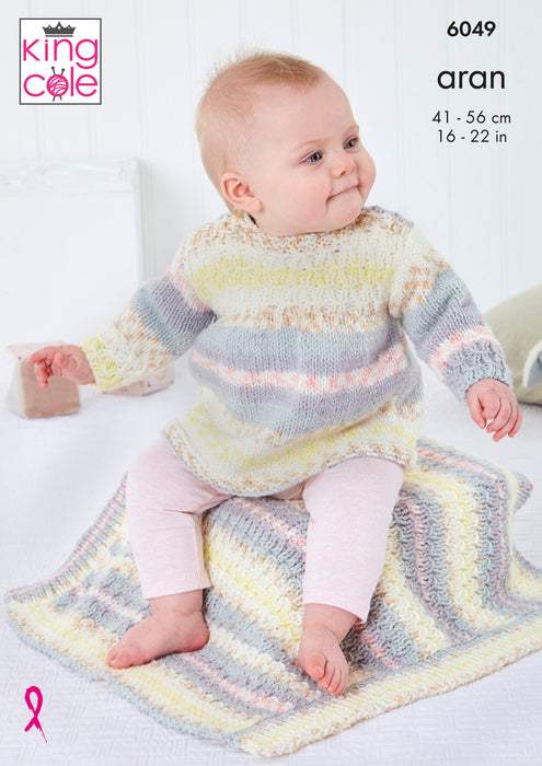 King Cole 6049 Aran Baby Knitting Pattern - Dress, Jacket, Hat, & Blanket (3 mnths - 4 Yrs)