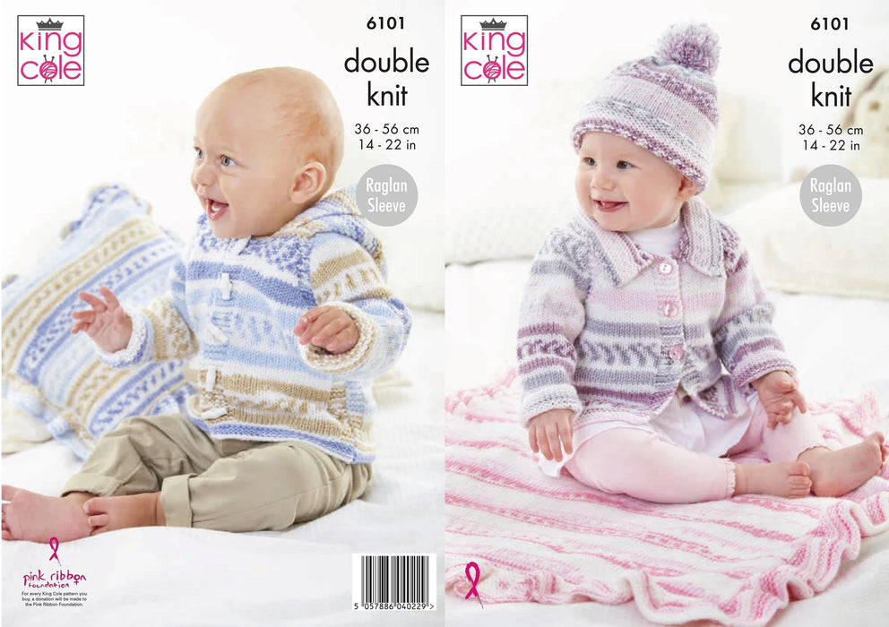 King Cole 6101 Double Knitting Pattern - Baby Jackets, Hat, Blanket and Cushion Cover (0 to 4 Years)