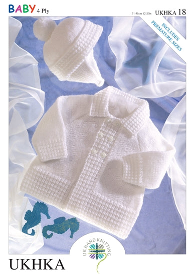 UKHKA 18 4Ply Knitting Pattern - Baby Matinee Coat & Helmet (Prem to 1 Yr)