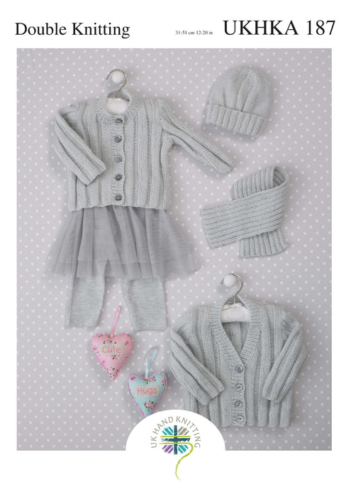 UKHKA 187 Double Knitting Pattern - DK Baby Cardigans, Scarf & Hat (12-20in)