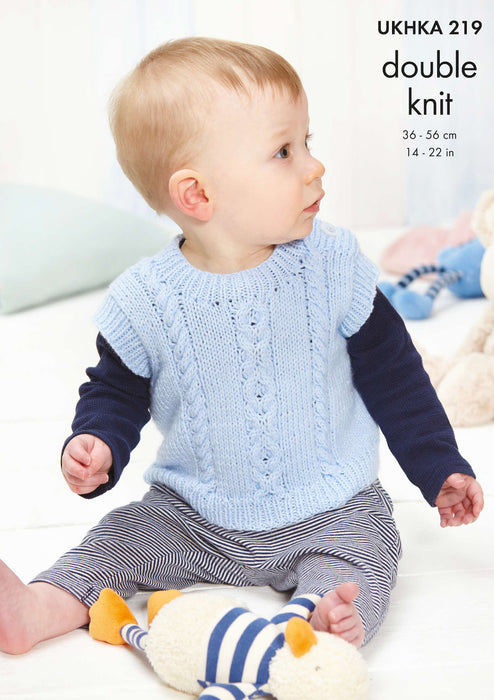 UKHKA 219 Double Knitting Pattern - DK Baby Sweater, Slipover and Hat (14-22in)